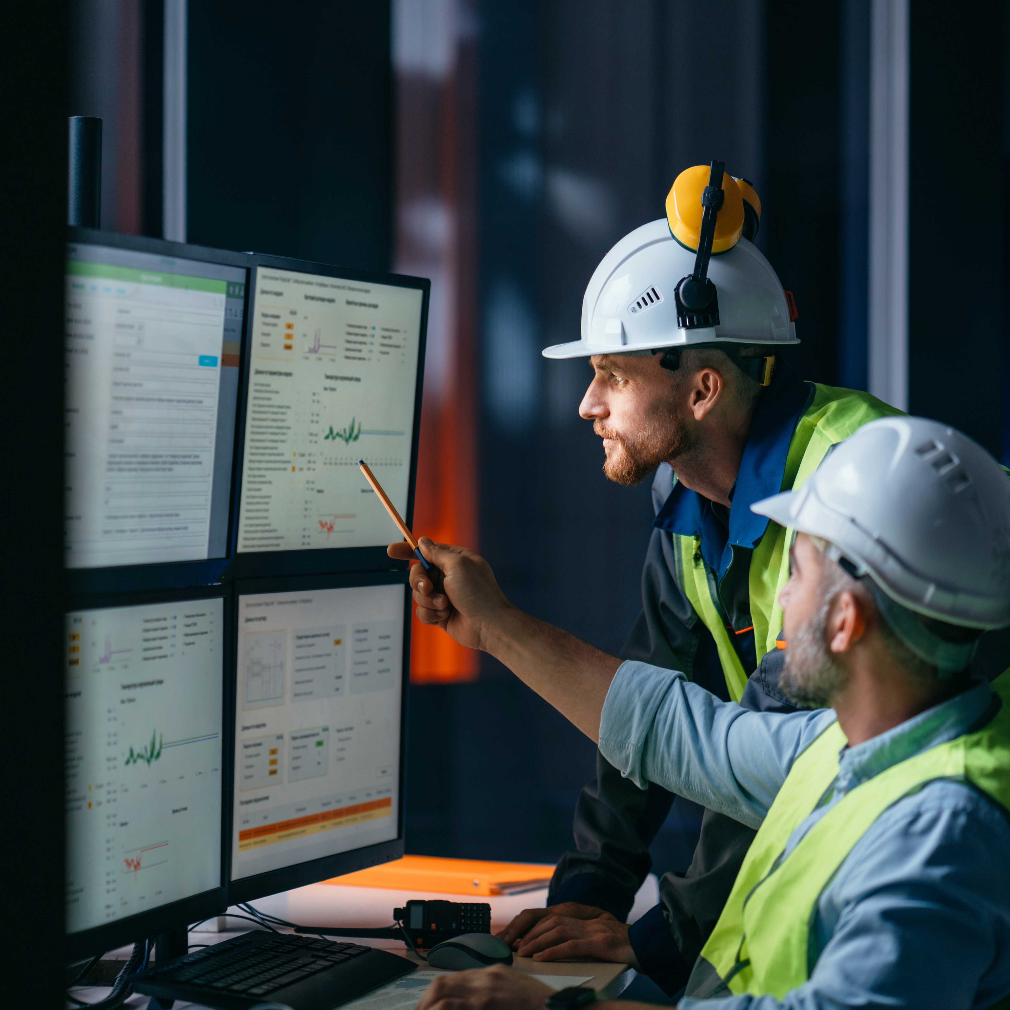 Industrial workers with safety equipment reviewing technical documentation